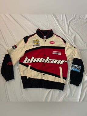 Sold - Black and Red Canvas Bomber Racing Jacket with Patches